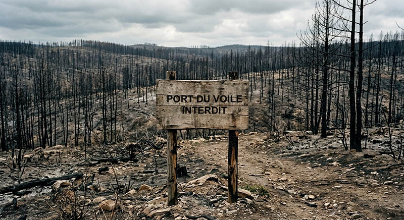 Newsletter-septembre_2025_CAP-Services zone de forêt brulée après un incendie et un panneau au milieu indiquant "port du voile interdit"